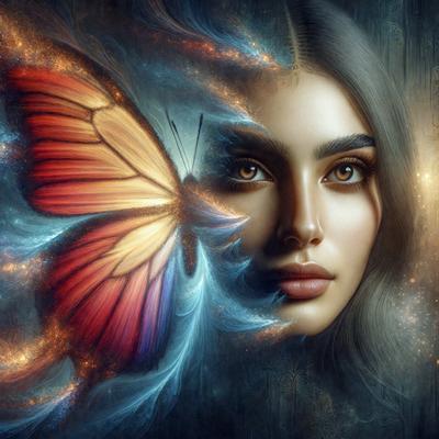 The primary subject of the image is a woman with a beautiful face. She is the main focus of the image. The setting is a dark, moody background, which adds to the overall atmosphere. The visual style is a digital art or illustration, creating a unique and artistic representation of the woman. The colors are predominantly dark, with the woman's face being the main source of light and contrast.